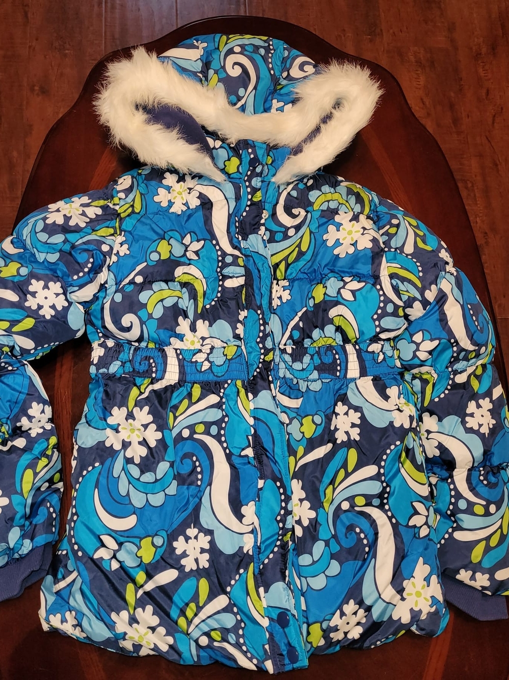 Gymboree Navy Blue Floral Puffer Jacket with Faux Fur Trim Size L (10-12) NWT